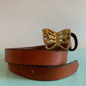 Vintage Brown Leather Belt Brass Butterfly Buckle